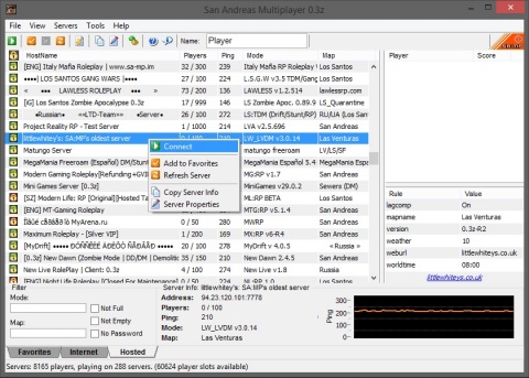 O imagine cu browserul SA:MP, cu un server selectat